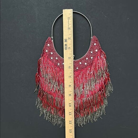 Red and Silver Fringe Handbag With Rhinestones, Metal Handle and Kiss Clasp - Picture 10 of 11